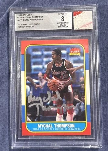 1986 FLEER BASKETBALL #111 MYCHAL THOMPSON JERSEY FUSION BGS 8 AUTO GU SHOE ~~