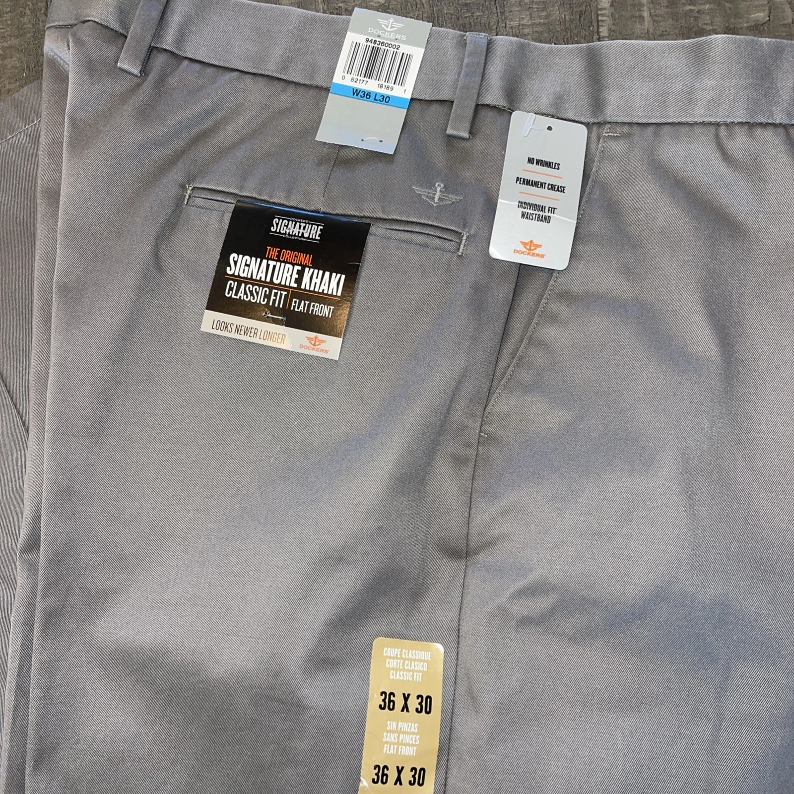 Dockers Pants Men's 36x30 Gray Classic Fit Signature Khaki Flat Front NWT