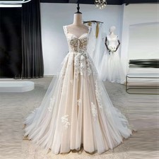 Vintage Wedding Dress Spaghetti Straps Lace Appliques A-line Lace up Court Train