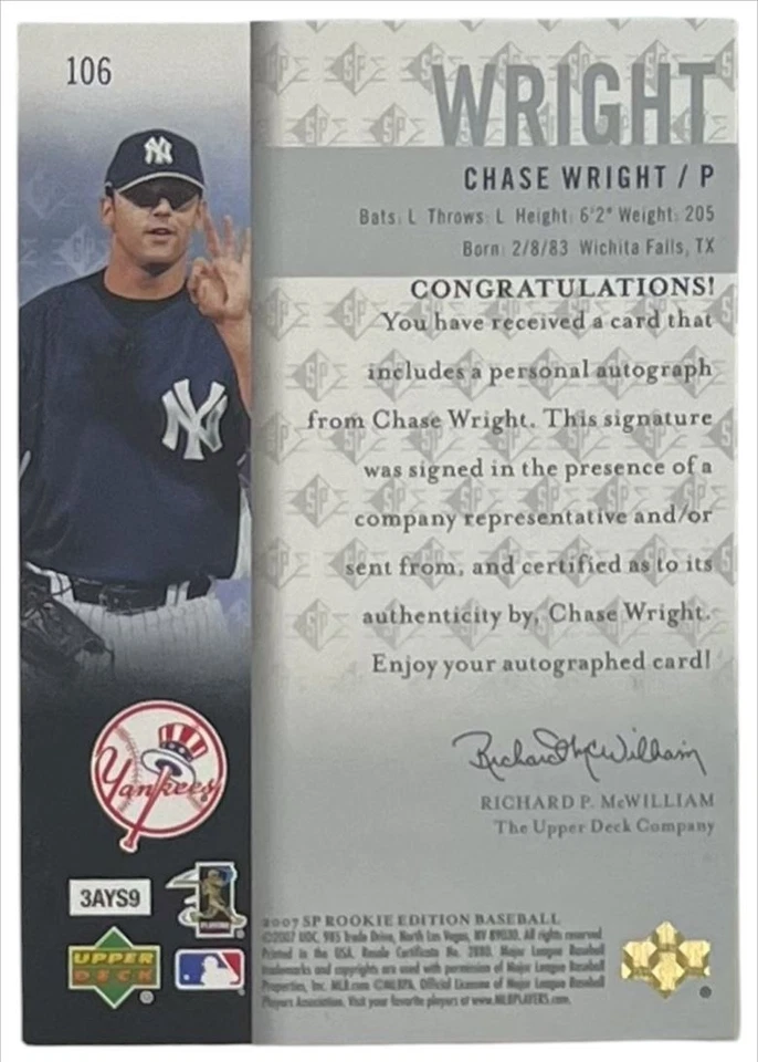 2007 SP Rookie Edition Autograph #106 Chase Wright RC New York Yankees Auto - Image 2 of 2
