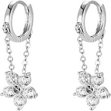 925 Sterling Silver Flower Chain Drop Earrings Hoop for Women Teens Huggie Hoop