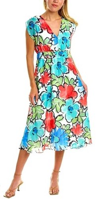 MAGGY LONDON FLORAL PRINT V-NECK MIDI DRESS LINED LIGHTWEIGHT STRETCH WAIST 2 US