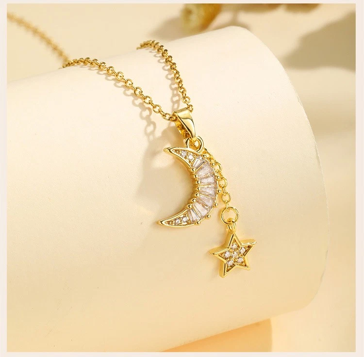 Collana catena ciondolo LUNA STELLA ZIRCONI in acciaio inox clavicola donna - Immagine 4 di 4