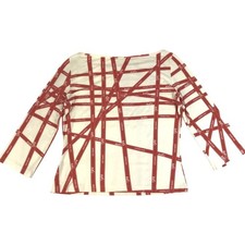 HERMES Silk Women Top 3/4 Sleeve T-Shirt White Red Bolduc Ribbon Pattern Size L