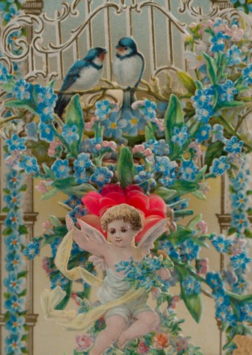Grußkarte mit Vögeln u. Engeln, um 1900, Glückwunschbillet Unbekannt (19.Jhd) - Picture 4 of 4