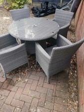 Katie Blake 4 Rattan Garden Dining Chairs & Round Table Set With Parasol & Base