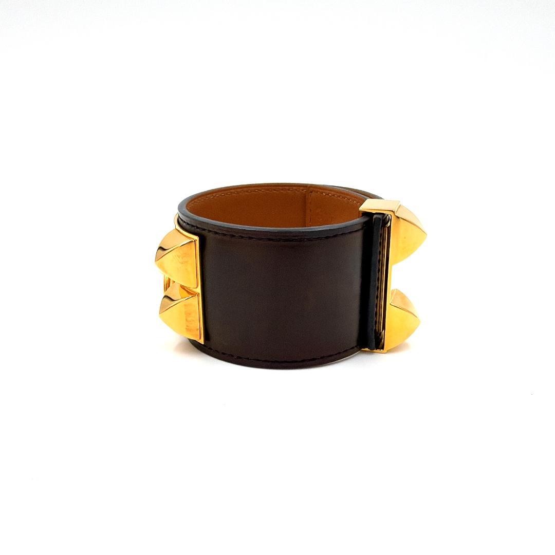 Hermes Collier de Chien Leather Bangle Black Gold 9.6in Unisex Pre owned thumbnail 3