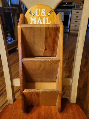 Vtg Wooden U.S. Mail Wall Shelf w/ 3 Mail Slots for Letters 18''x 6.5''