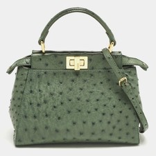 Fendi Peekaboo Mini Green Ostrich Leather Top Handle Bag