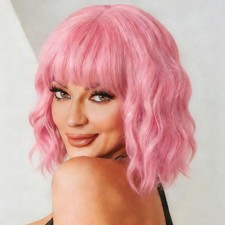 Pastel Pink Wavy Bob Wig for Women Short Shoulder Length Synthetic Wig with B...