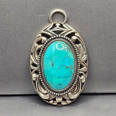 VTG Barse 925 Sterling Silver Turquoise Pendant 2'' Floral Scrolled Cutout 15.45g