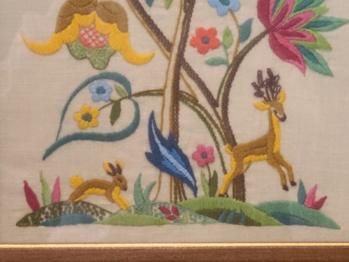 Embroidered Crewel Jacobean Style Floral Deer Bunny Wood Frame Picture MCM Vtg - Picture 7 of 16