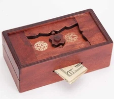 Decorative Wooden Puzzle Box Red with Gold Designs Money Box or Gift Card 