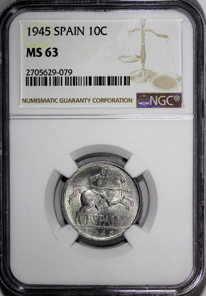 Espanha Alumínio 1945 10 Centimos NGC MS63 Edição Segunda Guerra Mundial BOM BU MOEDA KM# 766 (079) - Imagem 2 de 4