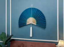 Blue Large Decorative Fan, Giant Wall Fan, Bamboo Folding Fan for Wall Hanging