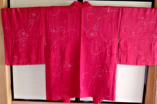 Japanese Vintage Kimono Haori Jacket Coat Robe Silk Red Base Camellia Japan