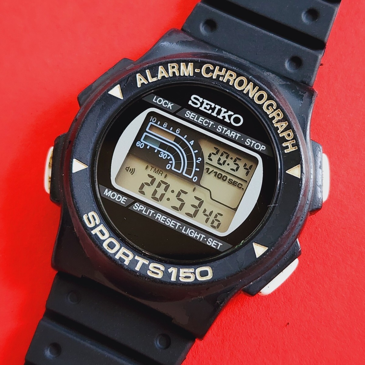 Seiko Alarm Chronograph Sports 150 Rare Vintage LCD Black Watch