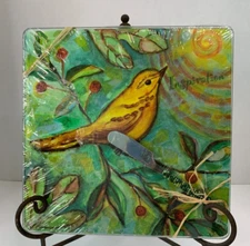 LSArts Glass Cheese Board & Spreader Art by Linda Altshuler Bird Inspirat​ion 9"