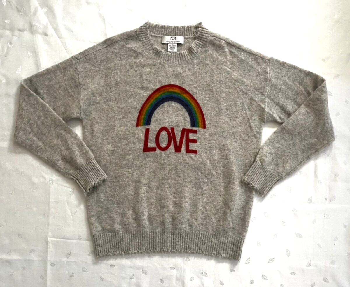 NWOT Magaschoni 100% Cashmere Crew Neck LOVE Front print Light
