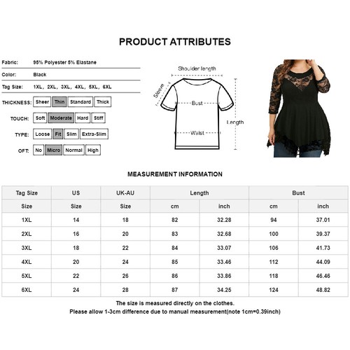 Sexy Women Lace Mesh 3/4 Sleeve Pullover T-Shirt Ladies Casual Blouse Tunic Tops - Picture 3 of 29