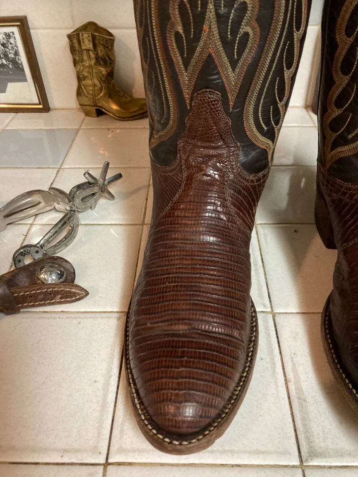 TONY LAMA TEJU LIZARD VINTAGE BROWN TEXAS WESTERN RANCH WORK COWBOY BOOTS 8.5 E - Image 4 of 4
