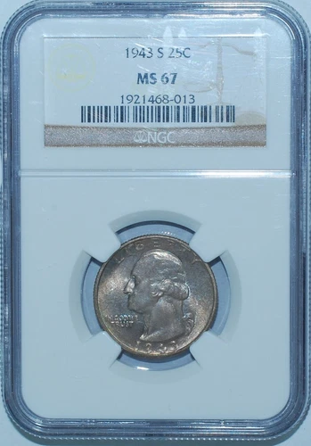 1943 S NGC MS67 Medium S FS-502 Washington Quarter