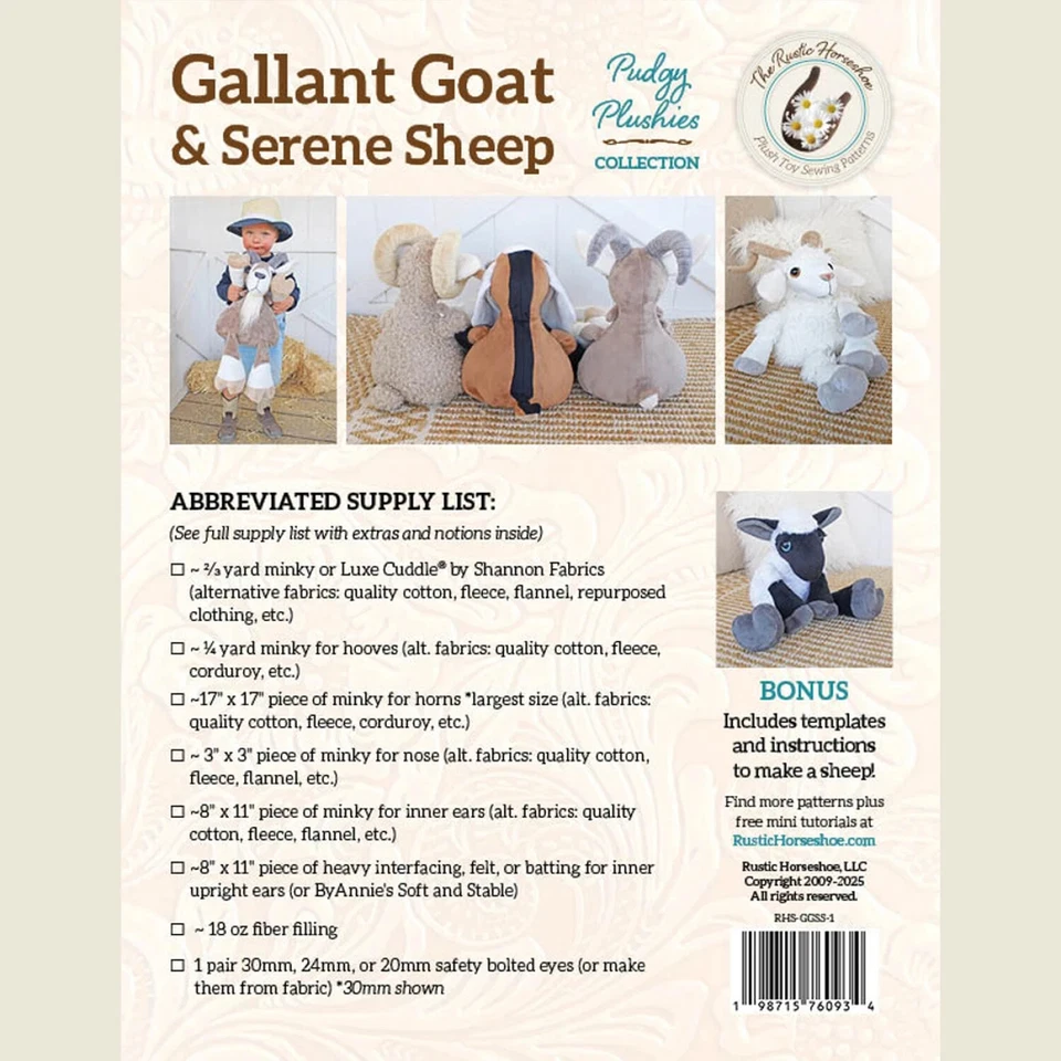 GALLANT GOAT & SERENE SHEEP Plush Sewing Pattern The Rustic Horseshoe Soft Toy - Image 2 of 2