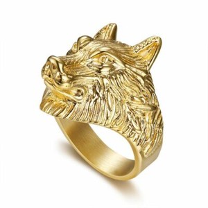 Authentic Gold Plated Wolf Dog Head Men's Craft Ring M136