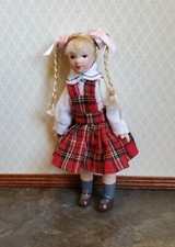 Dollhouse Girl Doll Braids Porcelain Poseable 1:12 Scale Braids Red Plaid Dress