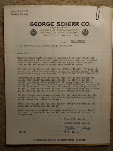 Antique typed & signed letter by W.T. Thorpe of George Scherr machinery co