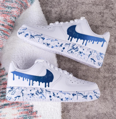 ? Nike Air Force 1 Custom Light & Dark Blue Splatter ? Swoosh White Shoes Mens Nike Air Force 1 Custom Light & Dark Blue Splatter Art White  main image 4
