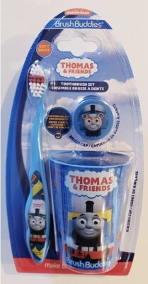 THOMAS TRAIN BRUSH BUDDIES 3-PIECE TOOTHBRUSH & CUP SET with Cover NEW!