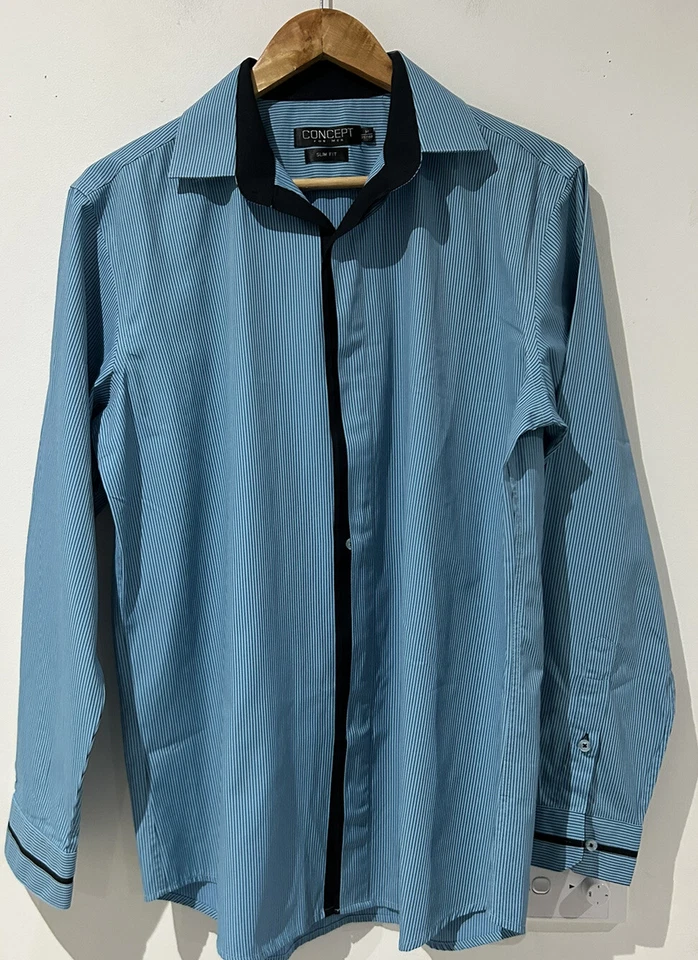 Concept For Men Long Sleeve Striped Blue Shirt Collared Button Up Size M Slim - Image 2 of 4