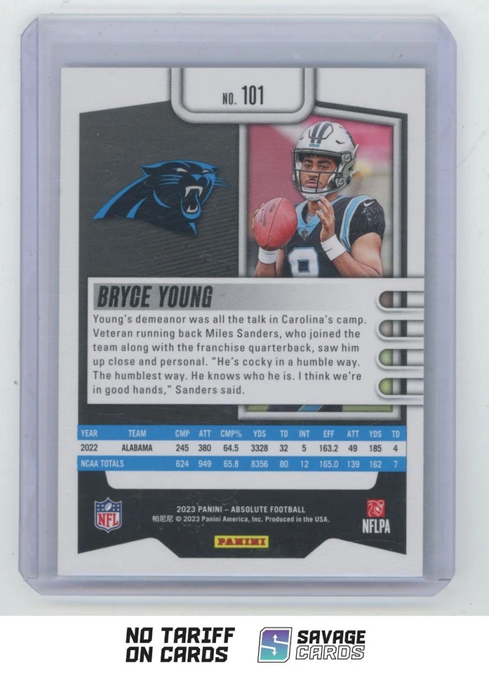 2023 Panini Absolute Rookie Bryce Young #101 Carolina Panthers - Image 2 of 3