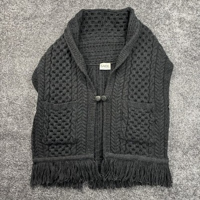 SAOL Ireland Shawl Irish Cape 100% Merino Wool Aran Knit Cardigan Vest Black New