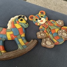 Vintage 1979 Foam Craft Nursery Teddy Bear And Rocking Horse Wall Hanging