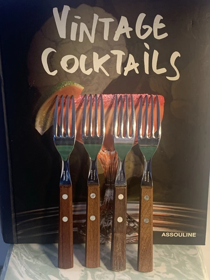 TRAMONTINA 4 DINNER FORK'S WOOD HANDLE STAINLESS STEEL FLATWARE MADE IN BRAZIL - Image 3 of 4