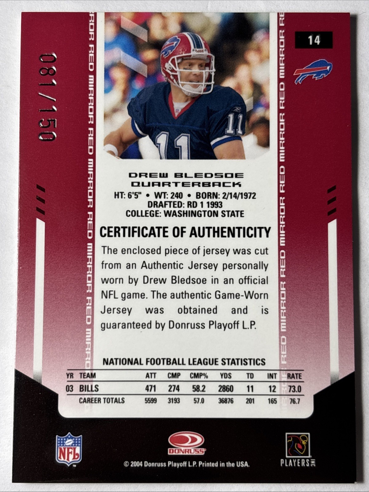 2004 Leaf Certified Mirror Red Game Used Jersey #14 Drew Bledsoe Bills 81/150!! view 2