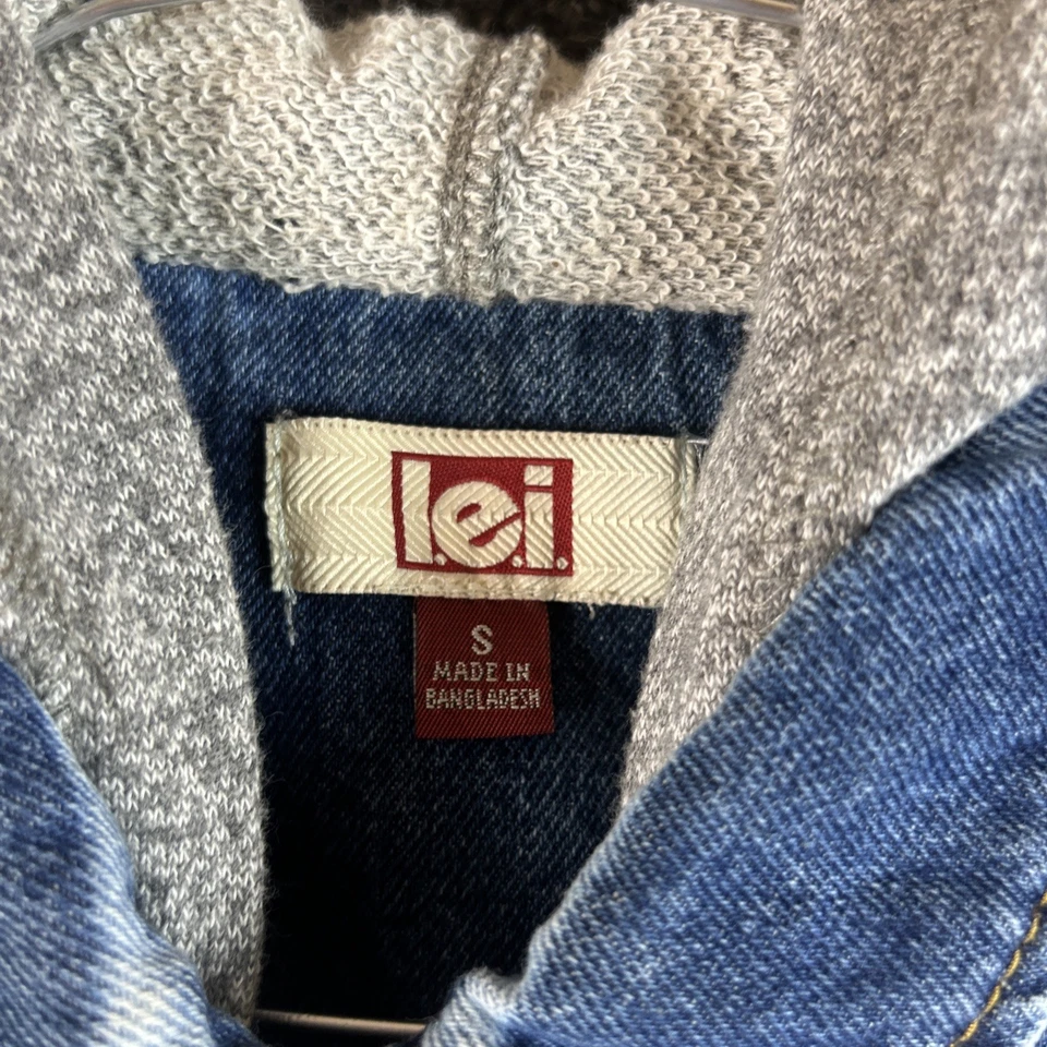 Chaqueta L.e.i Mujer Mediana Con Capucha Denim Envejecido Tejido Polar Botón Talla S Foto 2 de 4