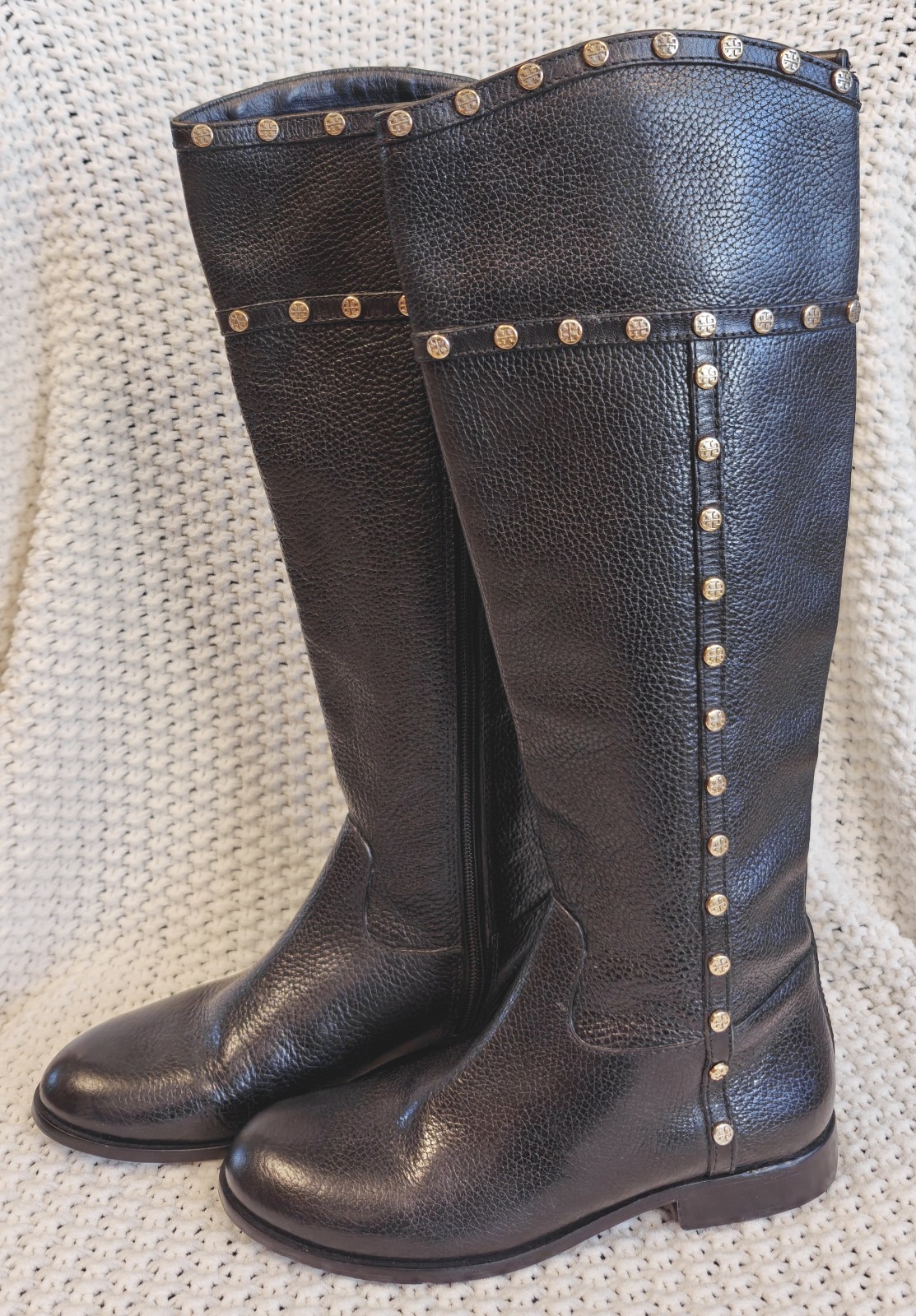 Tory Burch Women's Black Leather Studded Full Zip Knee High Riding Boots, Sz 5.5