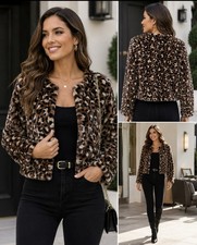 I.N. San Francisco Leopard Faux Fur Jacket Womens L Open Front Crop NWT Soft