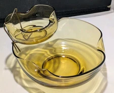 Vintage Anchor Hocking Amber Glass Chip & Dip Bowl Set Tri Fold MCM Pinched  
