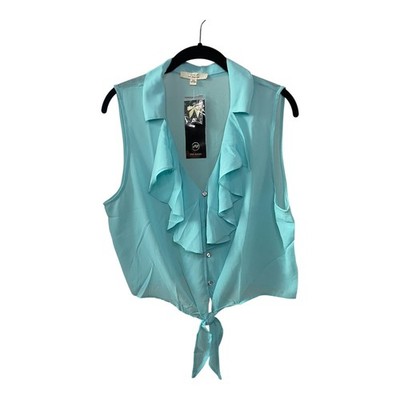 Iris Los Angeles 2X Sleeveless Ruffle Tie-Front Blouse Top Light Blue Fits a L