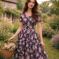 Vintage LAURA ASHLEY Floral Tea Dress Sz 4 Navy Blue U.K. Made 90's Cottagecore