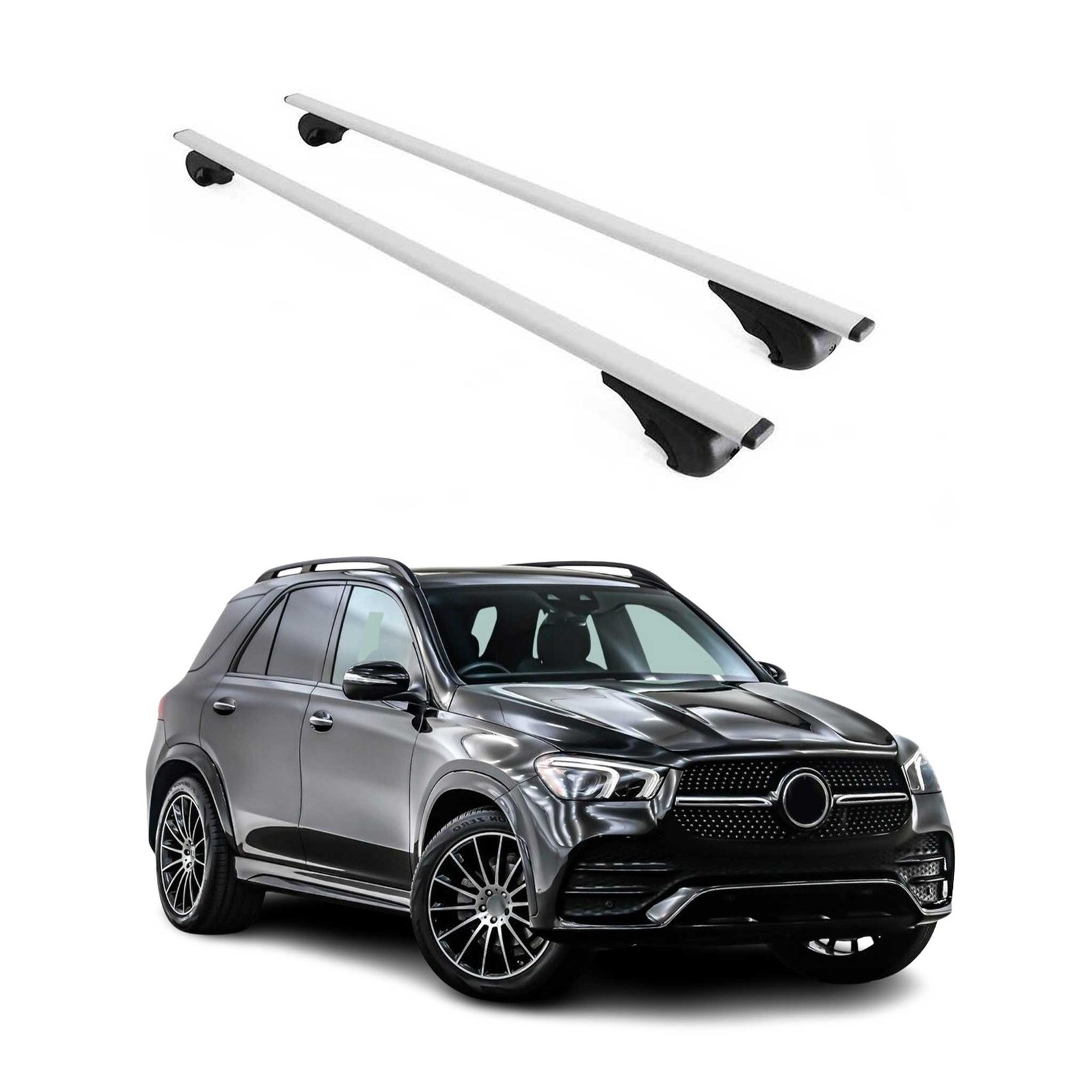 Barres de toit Mercedes GLE 2020-2026 transversales fer argent pour coffre de toit
