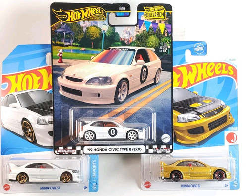 3 Car Lot Hot Wheels Boulevard '99 Honda Civic Type R (EK9) - Si GOLD & WHITE