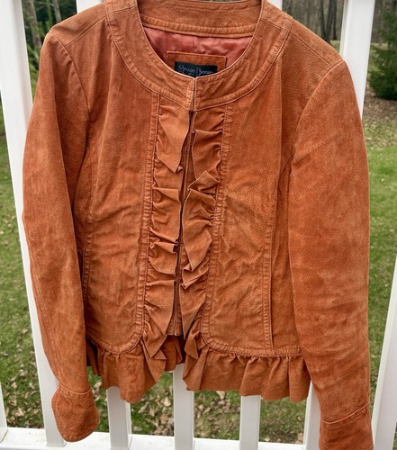VTG Prosper & Devine Sz Med  Orange Leather Jacket Nautical Buttons Ruffle