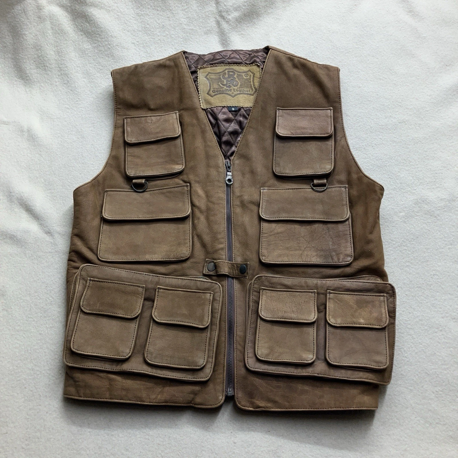 Vintage Genuine Leather Utility Vest S/M Hunting Fishing Expedition 11 Pockets