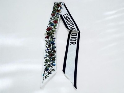Christian Dior D-Millefiori Mitzah Silk Scarf White Blue Floral Logo Auth Rare