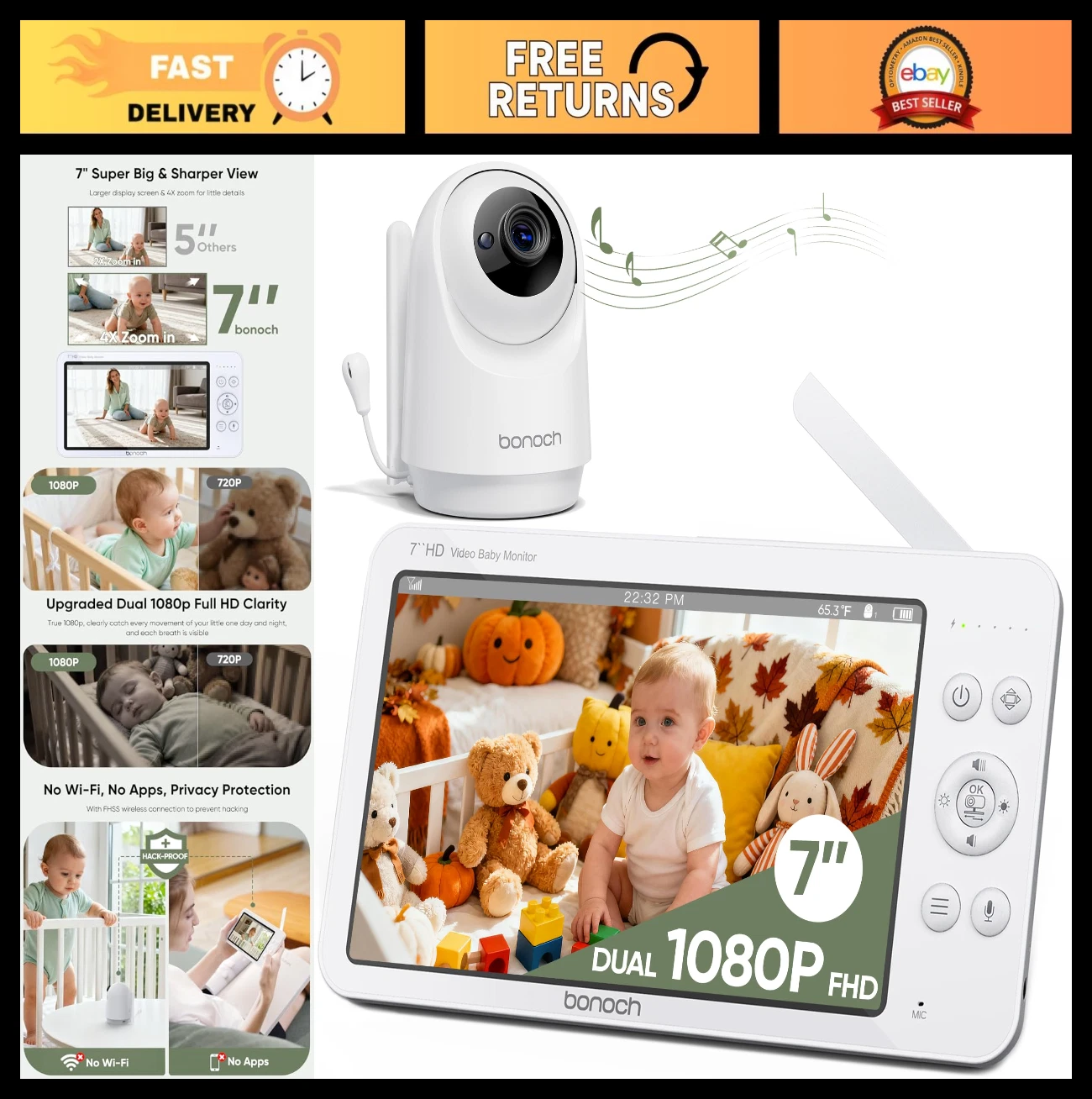7" Baby Monitor No WiFi - 1080P HD Video, Audio, Night Vision, VOX Mode, 6000mAh